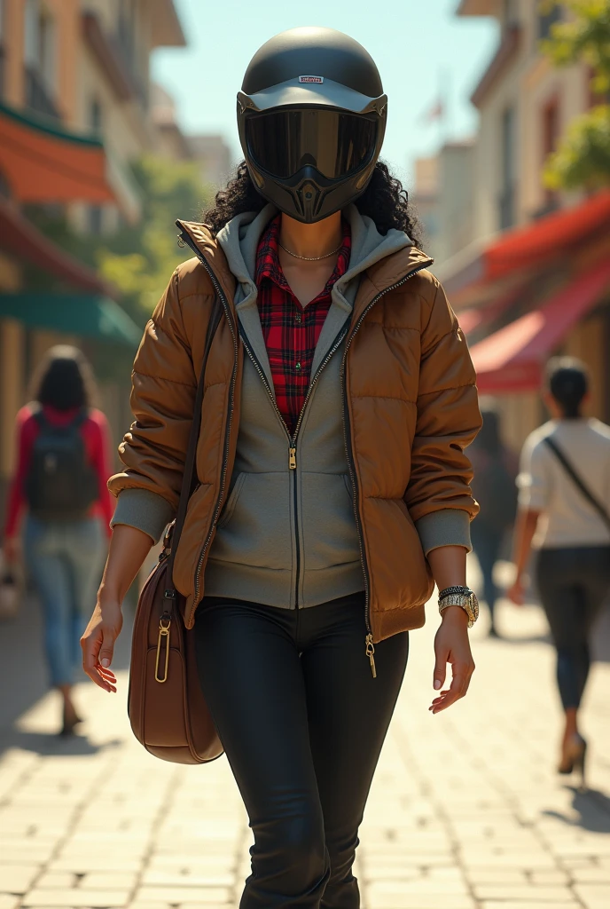 Full body misterious hidden face and mouth by biker helmet over head, white skin latin woman, 5'7" tall, medium black hair, deep green eyes, wearing zip up brown quilted down nylon jacket with golden buttons, closed zipped up gray hoodie jacket under nylon jacket, black bell bottom pants, rolled up sleeves, zipping up jacket, up collar, cleavage, red and black plaid formal button down blouse under hoodie jacket, happy smile, walking on shopping center, high hill sandals, summer sunny day, bag, watch and bracelet, neck chain, ear rings
