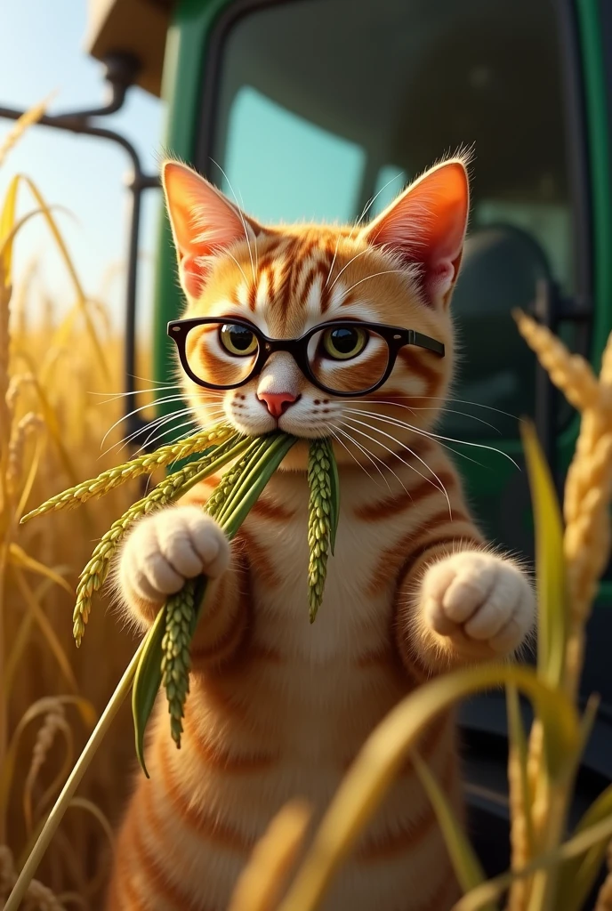 Make an agronomist cat, harvesting rice inside a harvester with glasses and grass in his mouth