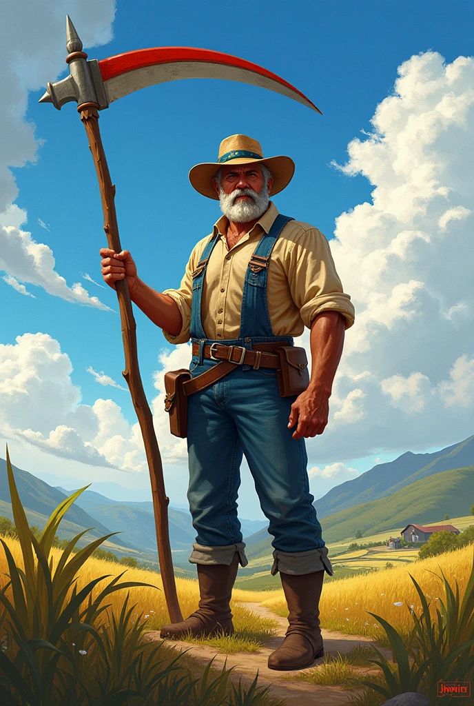 Team shield a farmer holding a scythe color blue white red and yellow