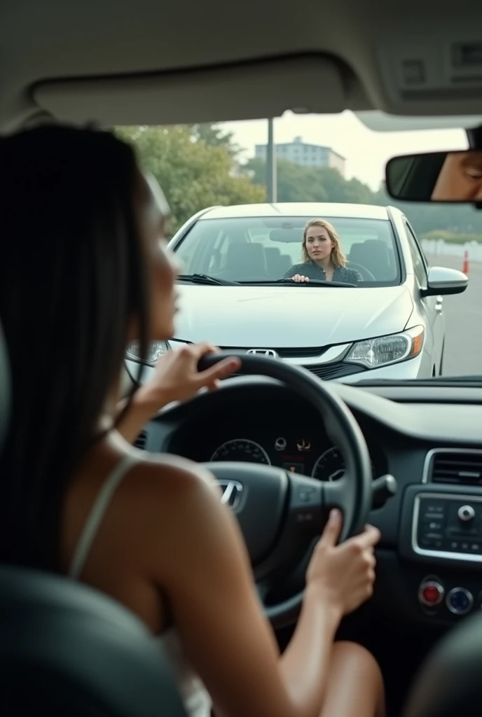 a woman with long black hair, caramel skin, Brunetette, with the car parked, hands on the steering wheel. in front of her there is a silver Honda City car with the blond man at the wheel. the point of view of the photo is from the back seat of her car. human photo
