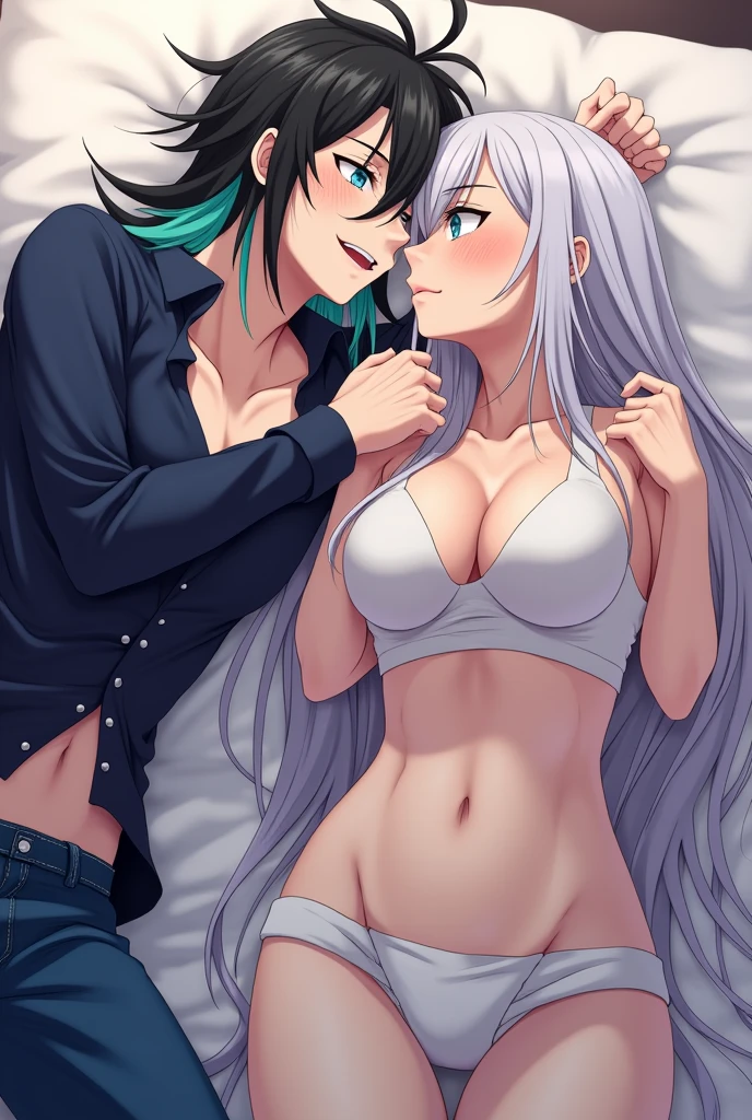 generate image of Muichiro, character from the anime Kimetsu no Yaiba or Demon Slayer, man, long black hair with mint tips, not so dark blue shirt, jeans, blushing, His expression shows pleasure and lust, He is lying with his face pressed against the breasts of a very beautiful girl., blue eyes, blushing, long white hair..The girl has slightly large breasts, with a white strappy top, very small shorts and with one of his hands on Muichiro&#39;s head as if caressing him