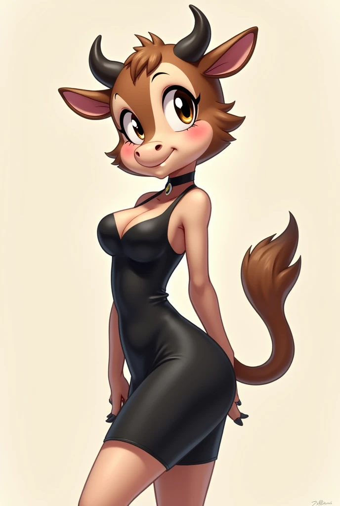A totally furry cow, pose gentil, wearing a sexy black dress, anime style, closeup
