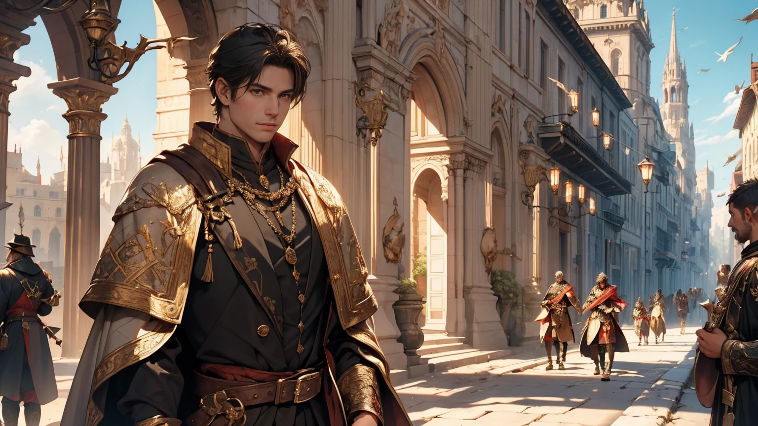 A guy with short black hair wearing black and gold princely clothes, walking along a cobblestone marble road next to the city in a medieval fantasy theme. (best quality, 4k, highres, masterpiece:1.2), ultra-detailed, (realistic:1.37) Additional details: The guy has a sword on his belt. His black and gold clothes are adorned with intricate embroidery and metal buckles. The road is filled with a multitude of people, with birds flying overhead. The city's walls and palace can be seen in the distance, against a backdrop of lush green mountains. (medieval, fantasy-themed:1.2) Color palette: Deep and rich neutral tones, with accents of gold and red. (rich, reddish colors) Lighting: Bright sunlight streaming through the clouds, casting long shadows on the white marble road. (sunlight, dramatic shadows)