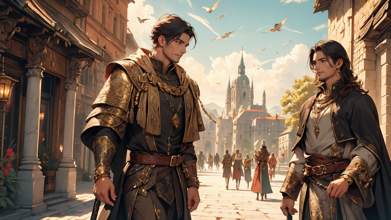 A guy with short black hair wearing black and gold princely clothes, walking along a cobblestone marble road next to the city in a medieval fantasy theme. (best quality, 4k, highres, masterpiece:1.2), ultra-detailed, (realistic:1.37) Additional details: The guy has a sword on his belt. His black and gold clothes are adorned with intricate embroidery and metal buckles. The road is filled with a multitude of people, with birds flying overhead. The city's walls and palace can be seen in the distance, against a backdrop of lush green mountains. (medieval, fantasy-themed:1.2) Color palette: Deep and rich neutral tones, with accents of gold and red. (rich, reddish colors) Lighting: Bright sunlight streaming through the clouds, casting long shadows on the white marble road. (sunlight, dramatic shadows)