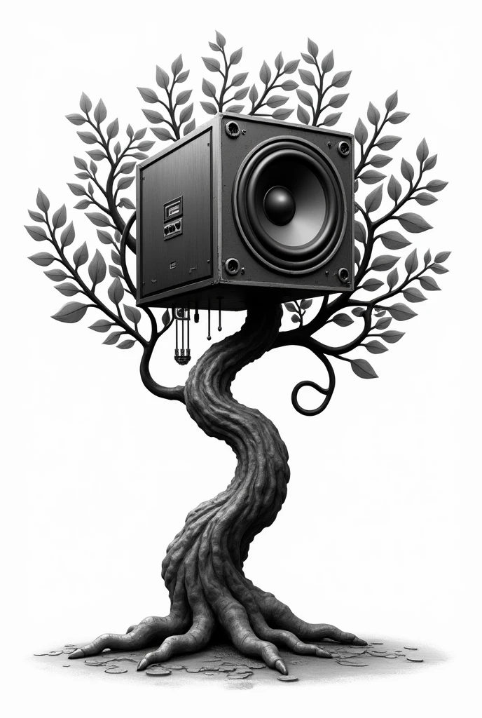 A black and white whimsical tree with a trunk that looks like a speaker, branches that resemble audio cables, and leaves made of musical notes
Replace leaves are branches with a one Big internal speaker 