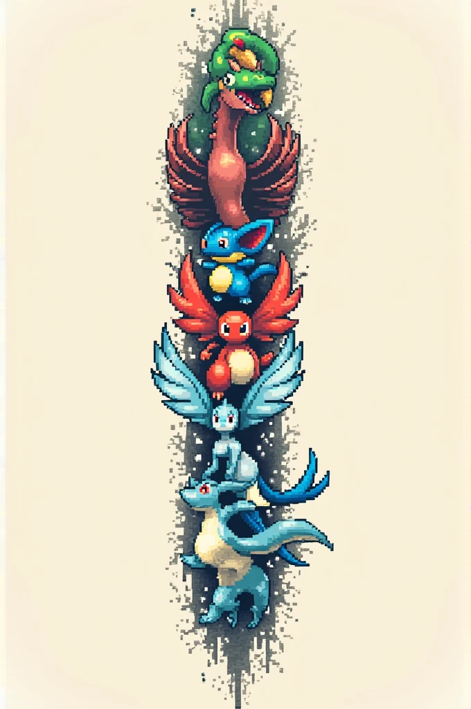 Generate the idea of a tattoo with the pixel sprites of the following pokemon in a row: Milotic, garchomp, gardevoir, Togekiss, Glaceon and Lucario.