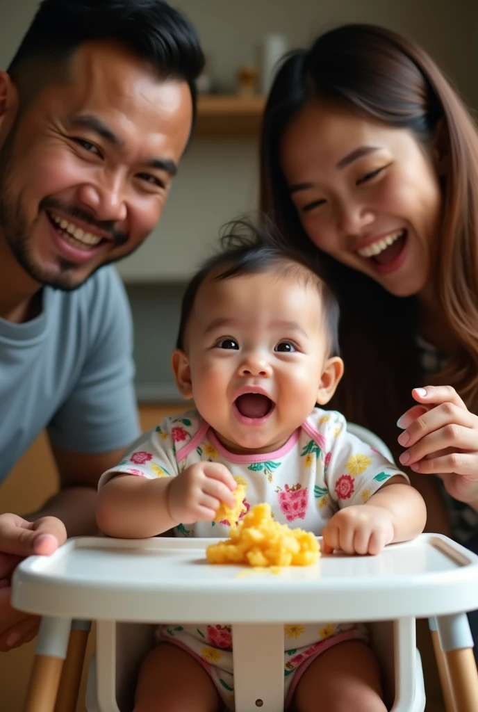 an indonesian  celebrating her 6 monttting in a baby chair receivher first solid meal. Look happy and delightful. her parents look surprised standing at each her side. Photo realistic UHD image.  All facing camera