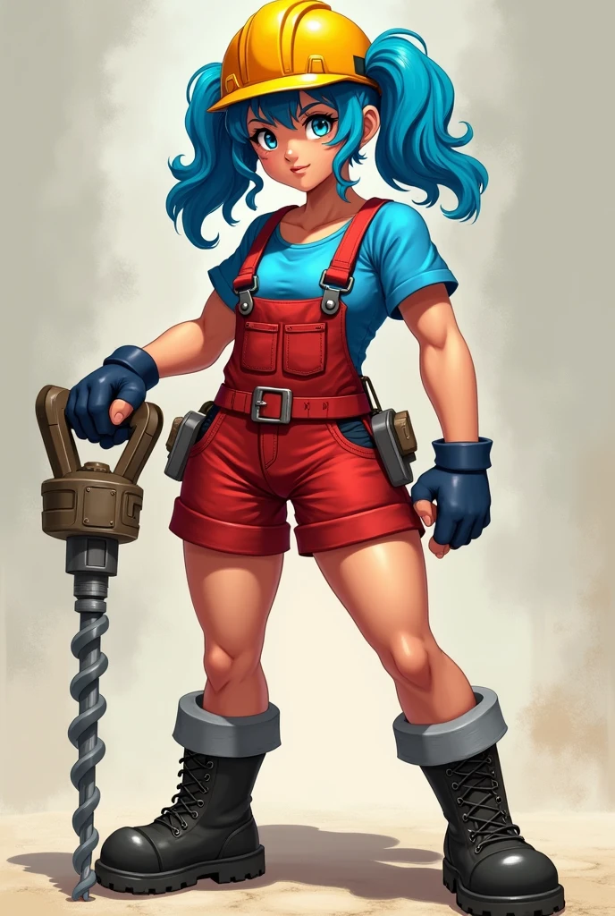 Create a robust mining girl with muscles, a red overalls in shorts, a blue short-sleeved t-shirt with black boots, a yellow mining helmet and a drill, with blue hair and pigtails