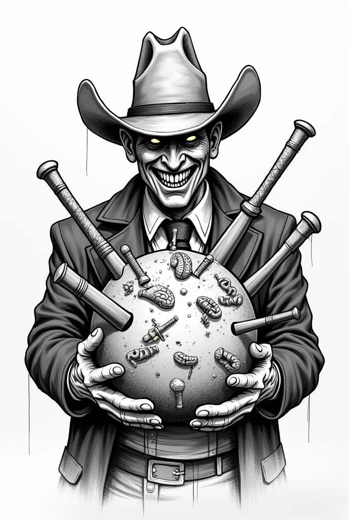 Create a doodle that is basically a bunch of shapes (spiked baseball bats, broken brains, Weapons, guitars, etc) inside a ball, and outside there is a guy with a cowboy hat and a black jacket, Billy Butcher style, with a malevolent smile, holding the ball. I REPEAT, It has to be a "doodle", something suitable to be colored, so it will not have colors