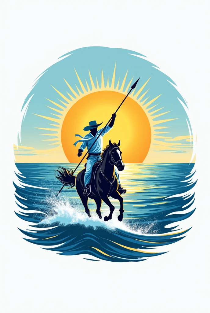 A logo, (Blue), golden sun in the center, a white gaucho riding a horse, on the sea and wielding a spear below the sun,
