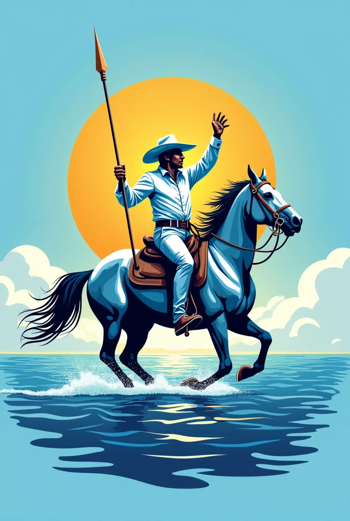 A logo, (Blue), golden sun in the center, a white gaucho riding a horse, on the sea and wielding a spear below the sun,
