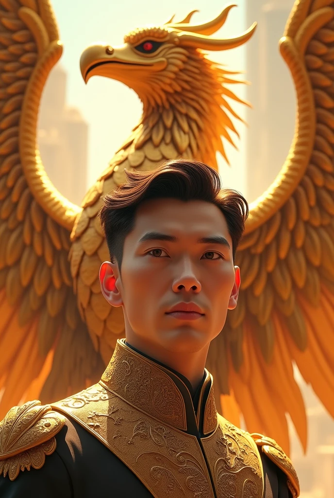 A prince.
Her short brown hair and her honey-colored eyes.
Behind him a golden-colored dragon phoenix.
Must have American features.