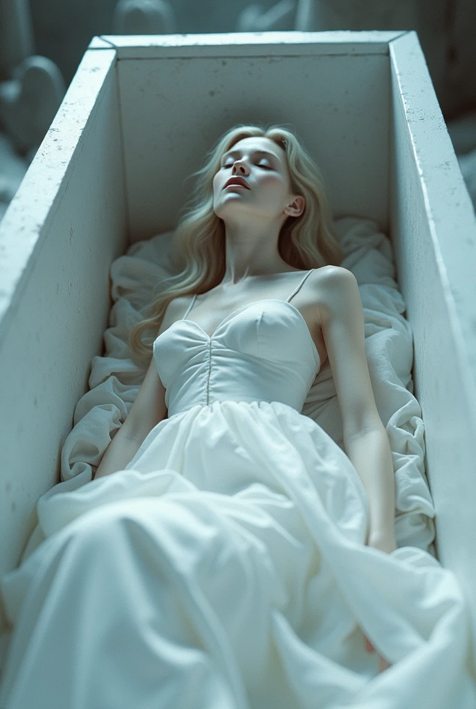 Image of a beautiful girl in a white dress in a coffin with a deep look but with white eyes, as if it were already dead but not earthly