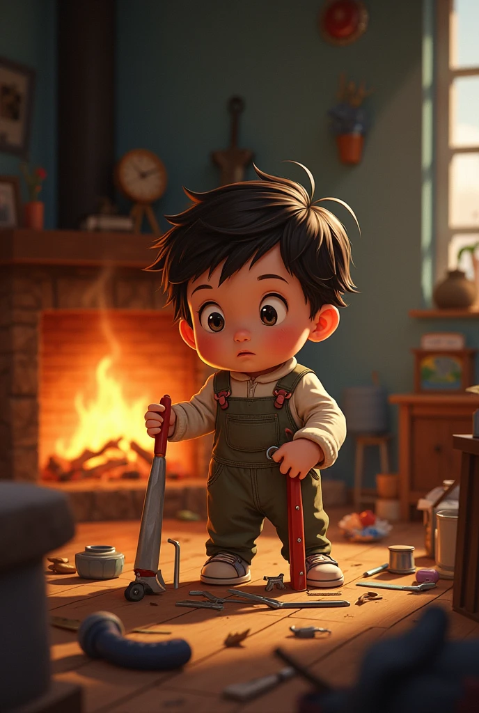 Child playing with tools almost setting the house on fire