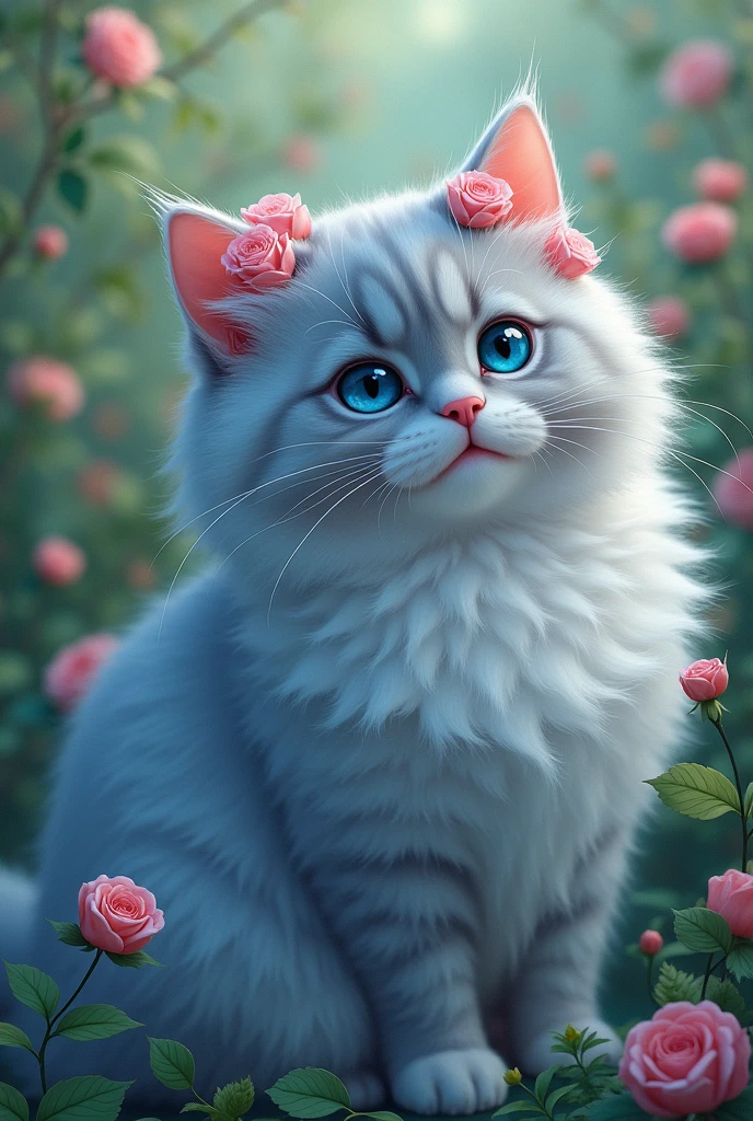 Persian Blue Cat Courtship from a Female Persian Cat with Blue Protein and Rose Head Flowers