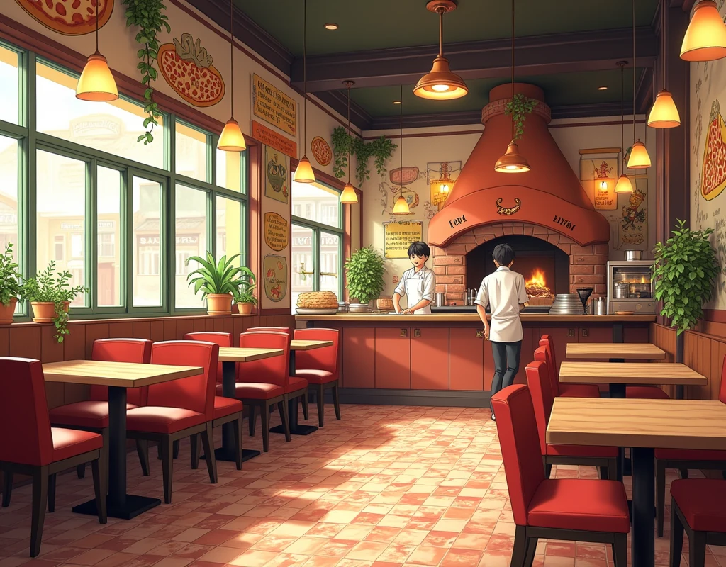 Pizzeria scenario, only the establishment, no customers, anime styling