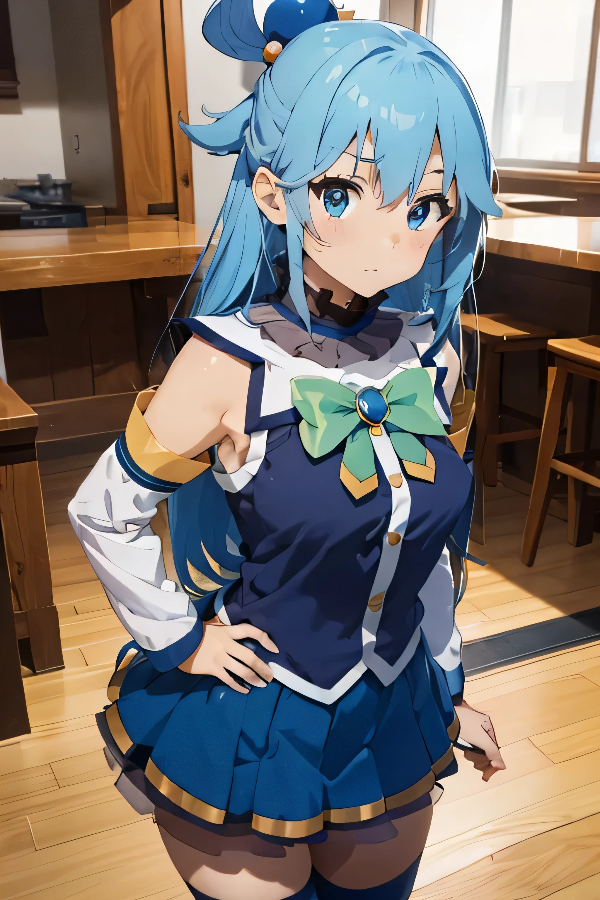 masterpiece, best quality, highres, absurdres, ultra detailed, pretty eyes, aaaqua, long hair, blue hair, hair rings, hair ornament,choker, bare shoulders, green bow, blue shirt, detached sleeves, blue skirt, thighhighs, annoyed, disappointed standing, hand on waist, bar, indoor (from_below:1.2)