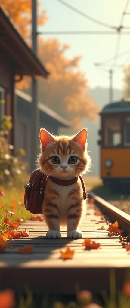 (Best Quality,4k,8k,High resolution,masterpiece:1.2),ultra detailed,sharp focus,(realist,photorealist,photo-realist:1.37), 35mm lens,multiple angles,countryside,suburban,back,side,silhouette,overhead shot,cat,standing,doll,Carry a small school backpack,tram,Beijing,Autumn season,wooden house,platform, Cloak,Ruan Jia,lasts,Atar, (delicate face), (Fine, fluffy fur),(35mm cinema lens),(multi-angle shooting),(Many viewing angles)