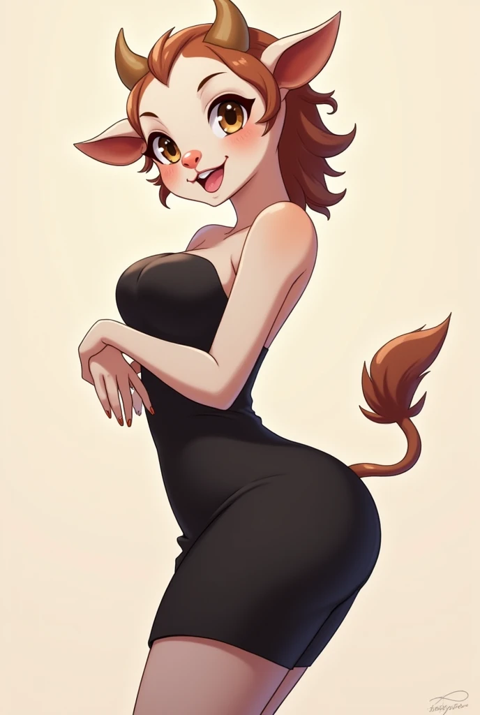 A totally furry cow, pose gentil, wearing a sexy black dress, anime style, closeup 