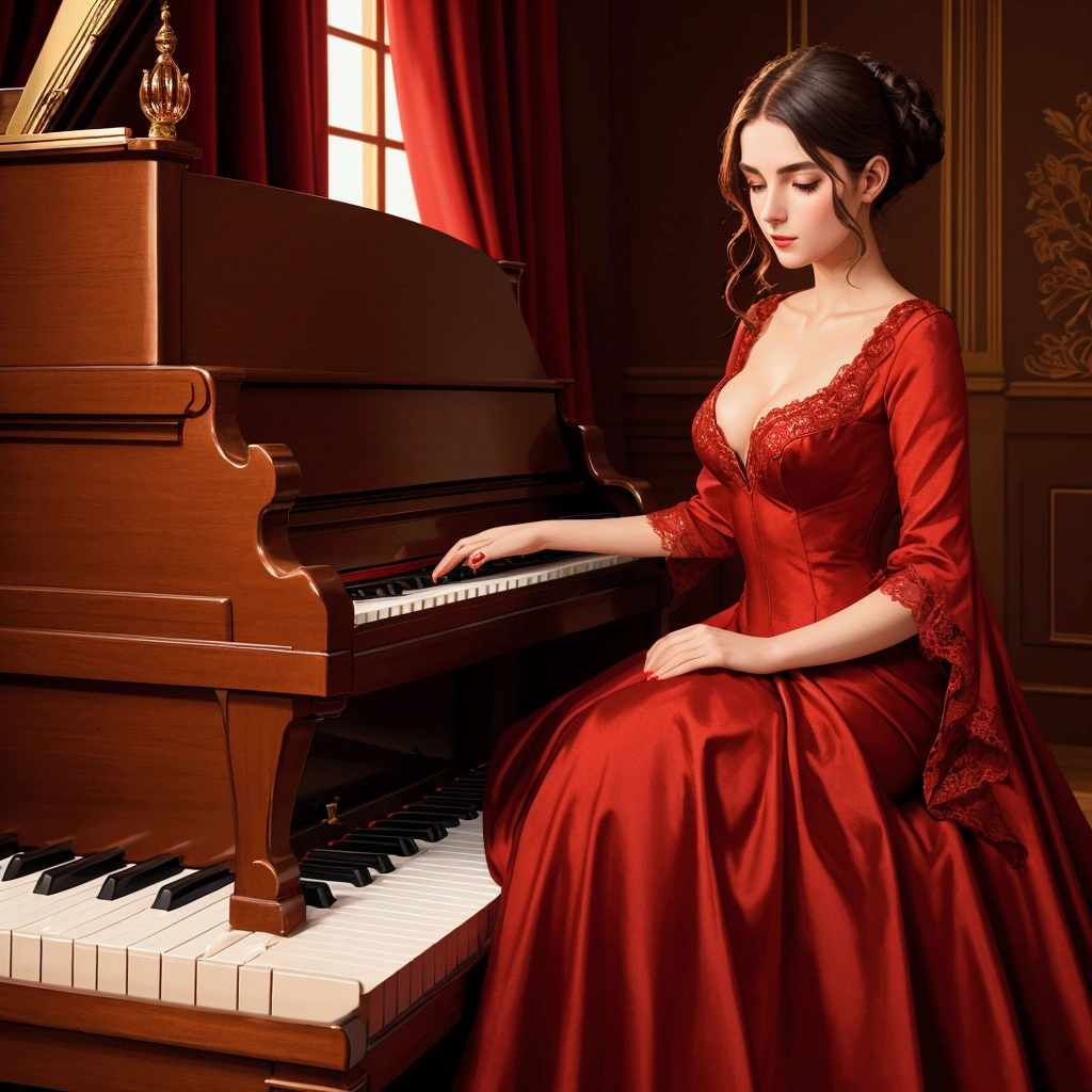 woman dressed in luxurious red, touching the piano of cola, perfect lighting, balanced and very detailed image