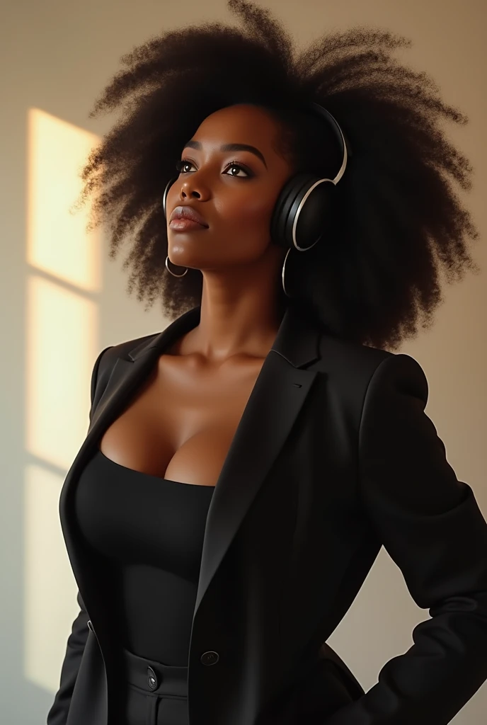 Create a standing portrait of a curvy, beautiful , Black woman with beautiful caramel skin. She is listening to music with stylish, luxury headphones inspired by Kim Kardashian