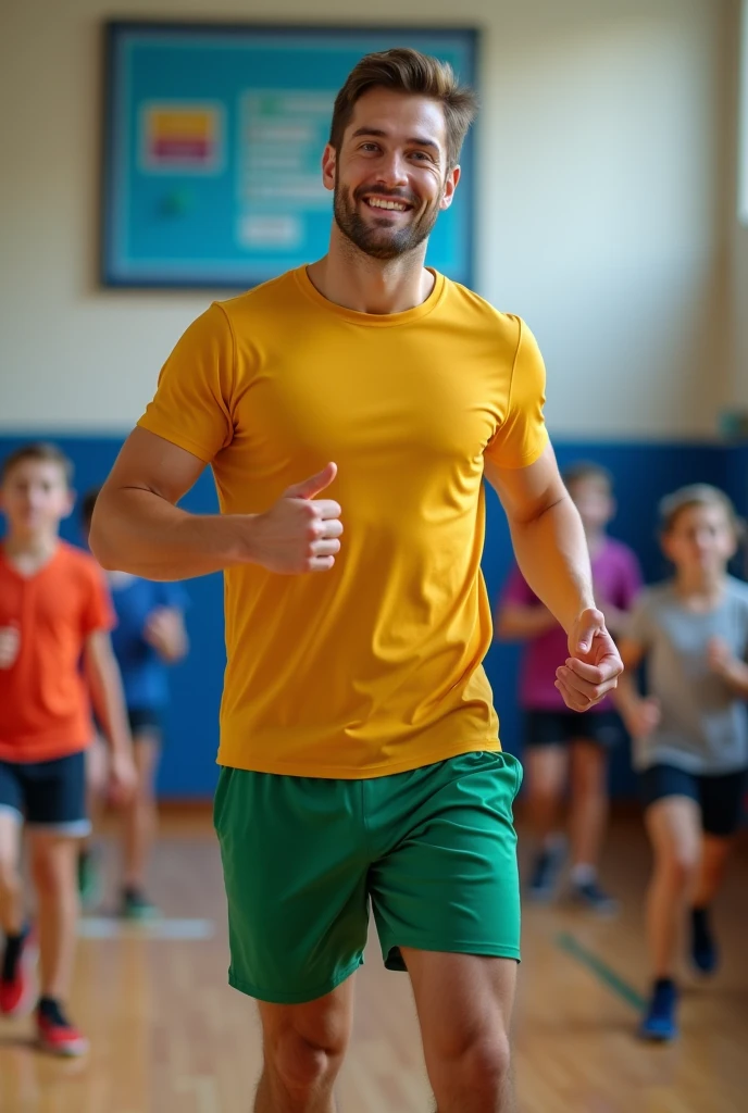 a white guy with brown hair and eyes being a physical education teacher and wearing a gold shirt and green shorts