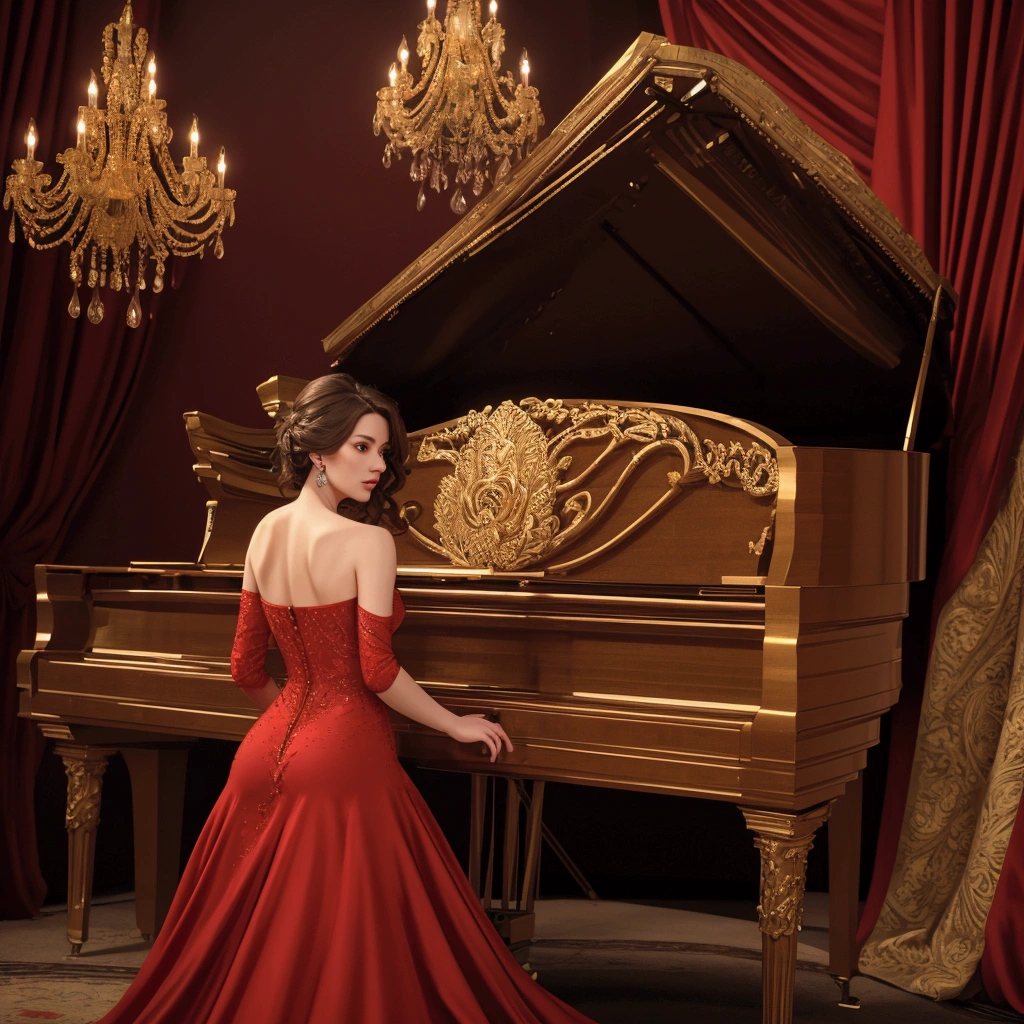 a woman in a luxurious red dress, playing a grand piano, perfect lighting, balanced and highly detailed image, cinematic composition, atmospheric, dramatic, elegant, photorealistic, award-winning, (best quality,4k,8k,highres,masterpiece:1.2),ultra-detailed,(realistic,photorealistic,photo-realistic:1.37),HDR,UHD,studio lighting,ultra-fine painting,sharp focus,physically-based rendering,extreme detail description,professional,vivid colors,bokeh