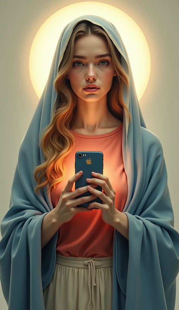 A very beautiful modern Virgin Mary  , Reddish beige T-shirt with blue cloak and veil, Halo, Selfie with smartphone 