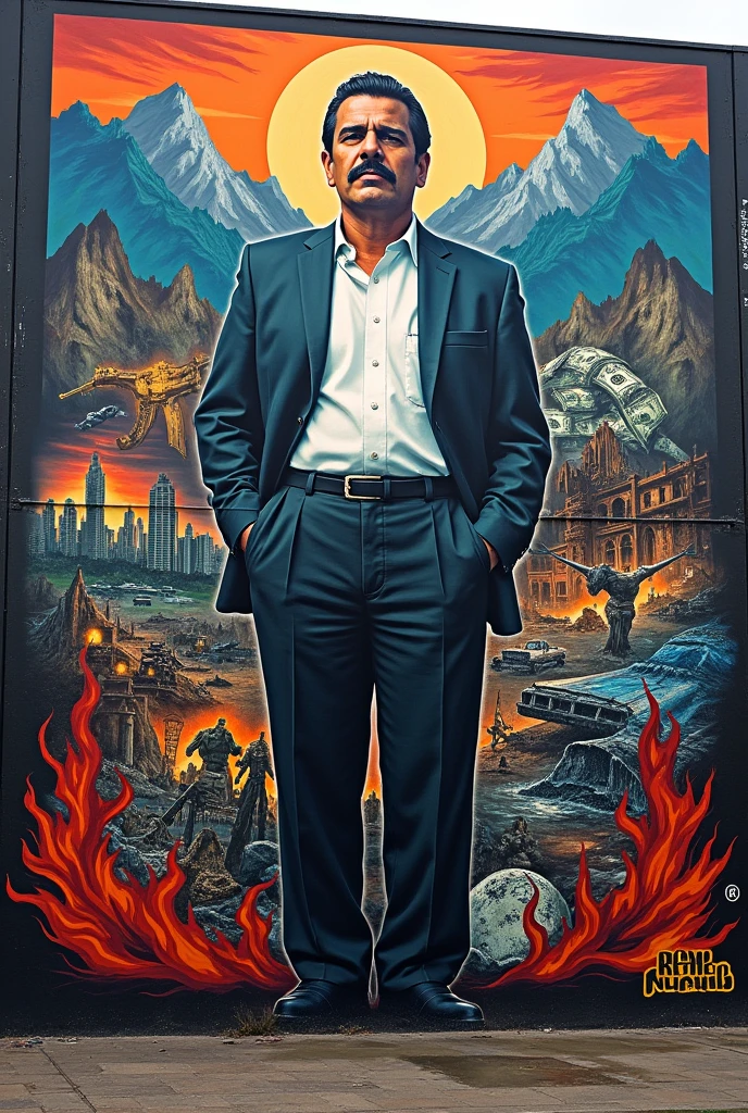 Imagine a large mural on a dark wall, with vibrant colors and striking details. In the middle, a stylized figure of Pablo Escobar, leader of the Medellin cartel, with a background of mountains and cities. Around it, images depicting violence, the power and decline of the cartel: Weapons, money, corpses and ruins.

On top, a phrase in big letters: "Life and Death of the Medellin Cartel". On the bottom, a quote from the book: "Power corrupts, but greed destroys".

The graffiti style could be a mix of realism and expressionism, with strong lines and intense colors. The image would convey the complexity and tragedy of the history of the Medellín cartel.