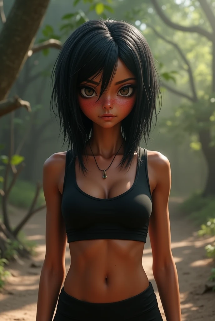 A girl with a tall head, hair is black. Skin is sunburned dark. And she has a black sweat crop top and leggings. real life.