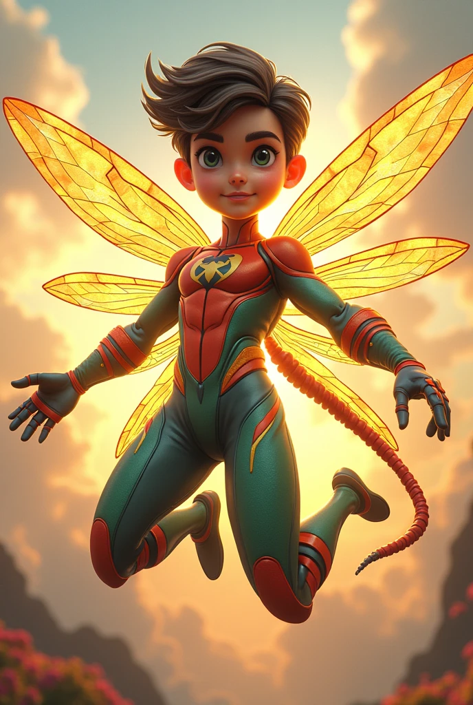 Combined with Superman, spider-man1 character with dragonfly man characteristics, a little cartoonish, behind the sunshine