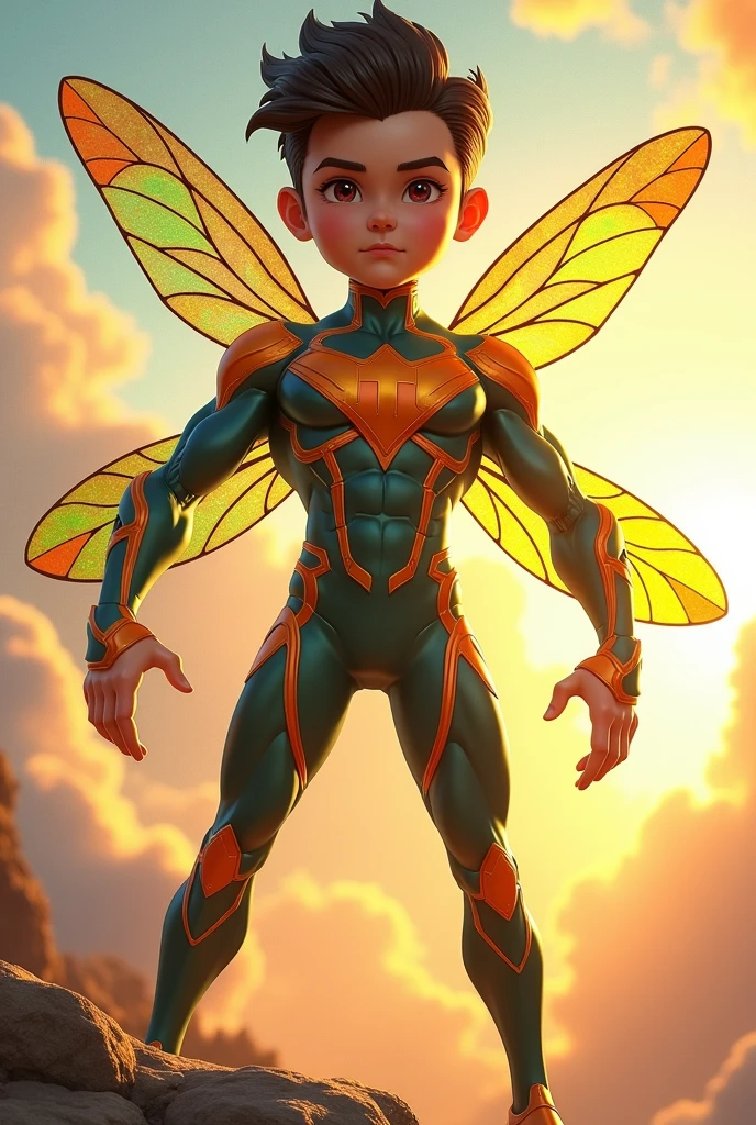 Combined with Superman, spider-man1 character with dragonfly man characteristics, a little cartoonish, behind the sunshine