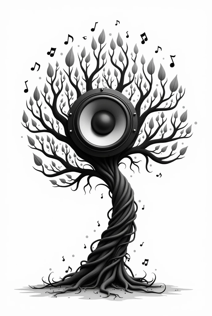 A black and white whimsical tree with a trunk that looks like a speaker, branches that resemble audio cables, and leaves made of musical notes
Replace leaves are branches with a one Big internal speaker
Merge leaves and branches with the speaker