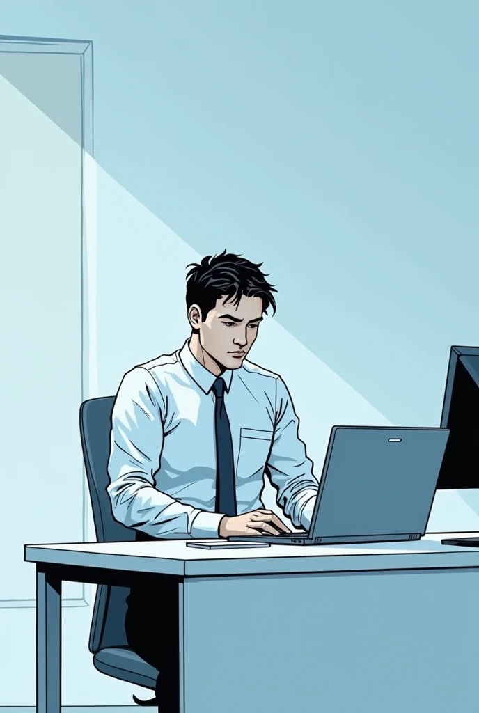 Generate a simple, square comic book panel. The scene: a minimalist office. The subject: a professional technician in a neat outfit, carefully configuring a laptop. The overall vibe should be clean and professional. Use a cool color palette with #00599D, grays and whites. Create a sense of calm efficiency.