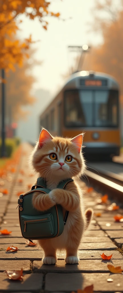 (Best Quality,4k,8k,High resolution,masterpiece:1.2),ultra detailed,sharp focus,(realist,photorealist,photo-realist:1.37), 35mm lens,multiple angles,countryside,suburban,back,side,silhouette,overhead shot,cat,standing,doll,Carry a small school backpack,tram,Beijing,Autumn season,wooden house,platform, Cloak,Ruan Jia,lasts,Atar, (delicate face), (Fine, fluffy fur),(35mm cinema lens),(multi-angle shooting),(Many viewing angles)
