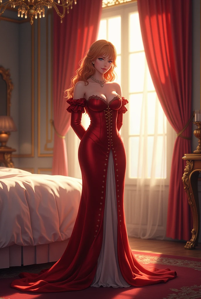 Masterpiece, best quality, (very detailed CG unified 8k wallpaper), (best quality), (best illustration), (best shadow), (Stable Diffusion Model), violet evergarden, shimmering, beautiful, victorian style bedroom, dynamic lighting, depth of field, naked women, big breast, clevage, plumb body, big thigh, strawberry blonde hair, arms behind back