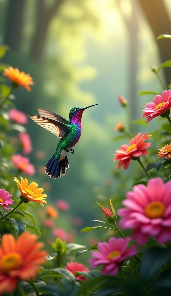 A hummingbird in a beautiful forest full of flowers 