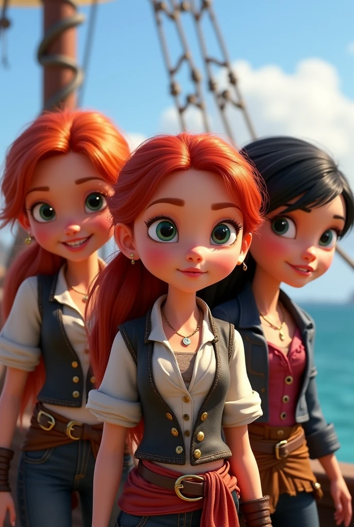 Three female child pirates at Pixar, two with red hair and one with black hair