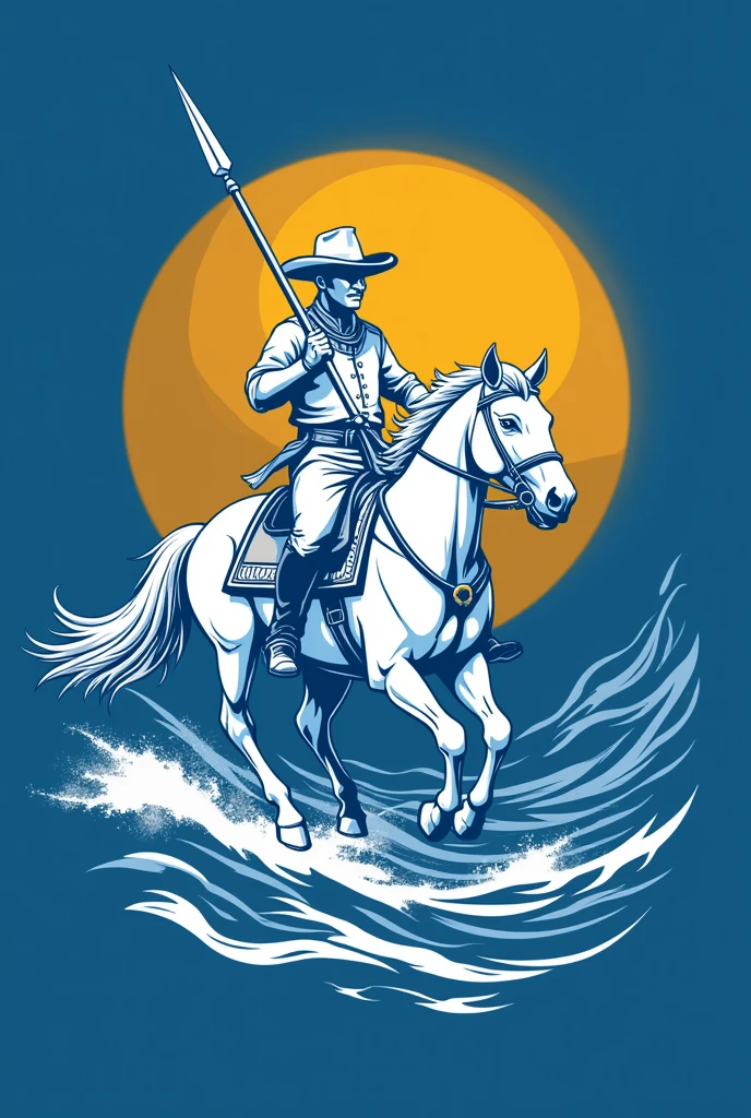 A logo, (Blue), golden sun in the center, a white llanero riding a horse, on the sea and wielding a spear below the sun,