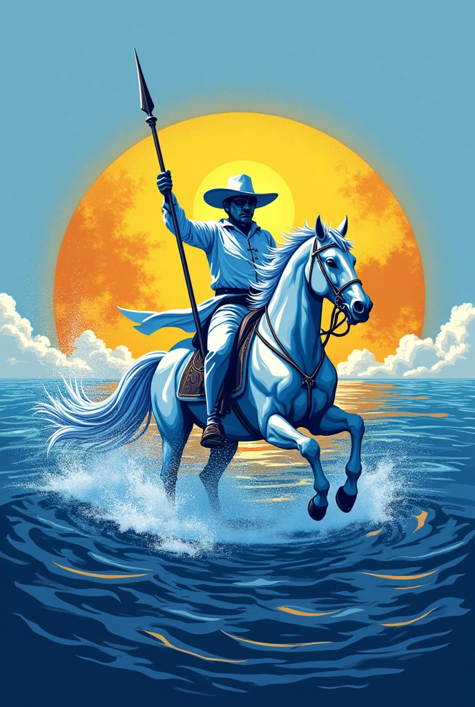 A logo, (Blue), golden sun in the center, a white llanero riding a horse, on the sea and wielding a spear below the sun,
