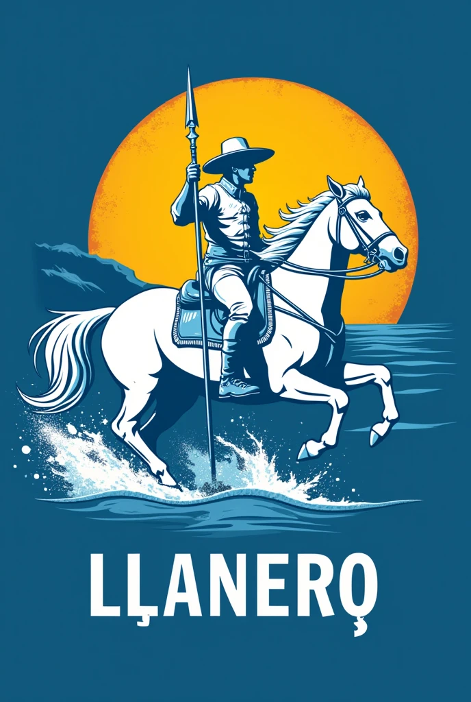 A logo, (Blue), golden sun in the center, a white llanero riding a horse, on the sea and wielding a spear below the sun,