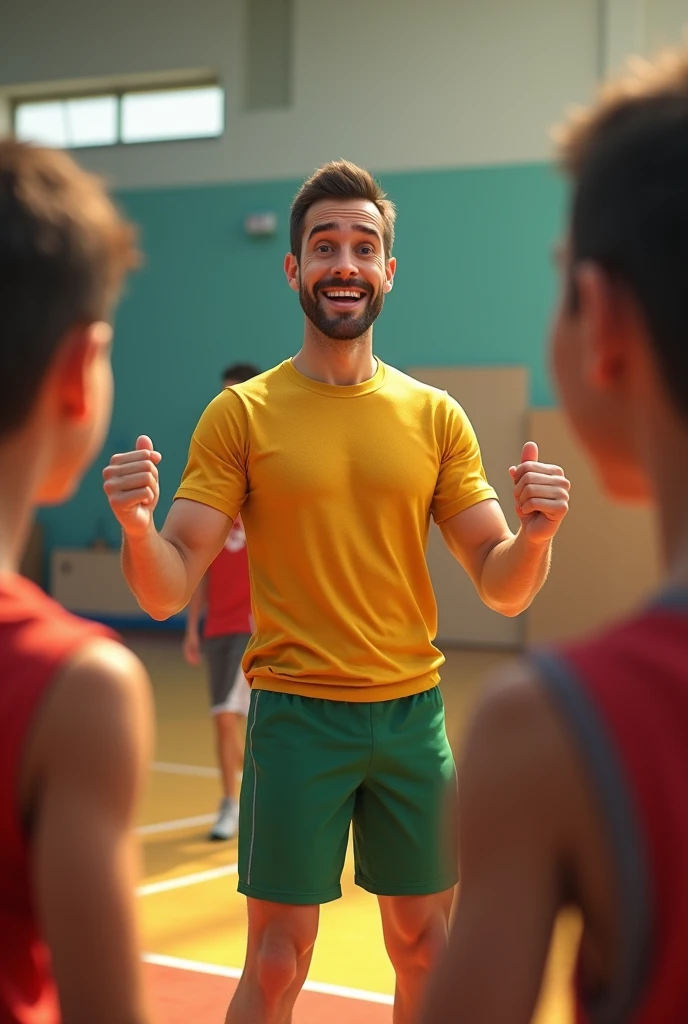 a white guy with brown hair and eyes being a physical education teacher and wearing a shiny gold shirt and green shorts