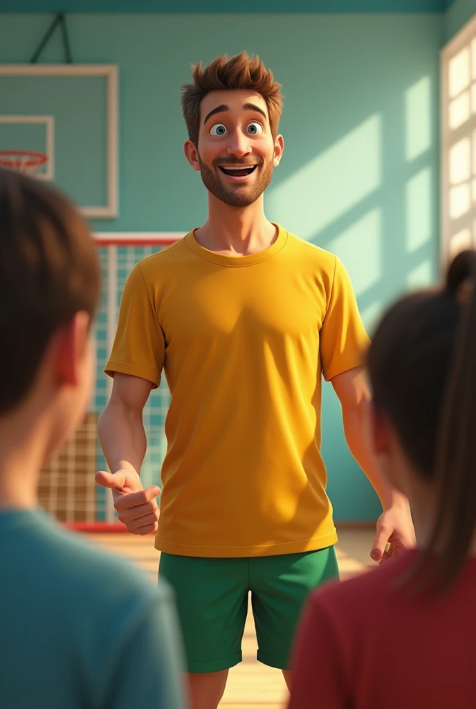 a white guy with brown hair and eyes being a physical education teacher and wearing a shiny gold shirt and green shorts