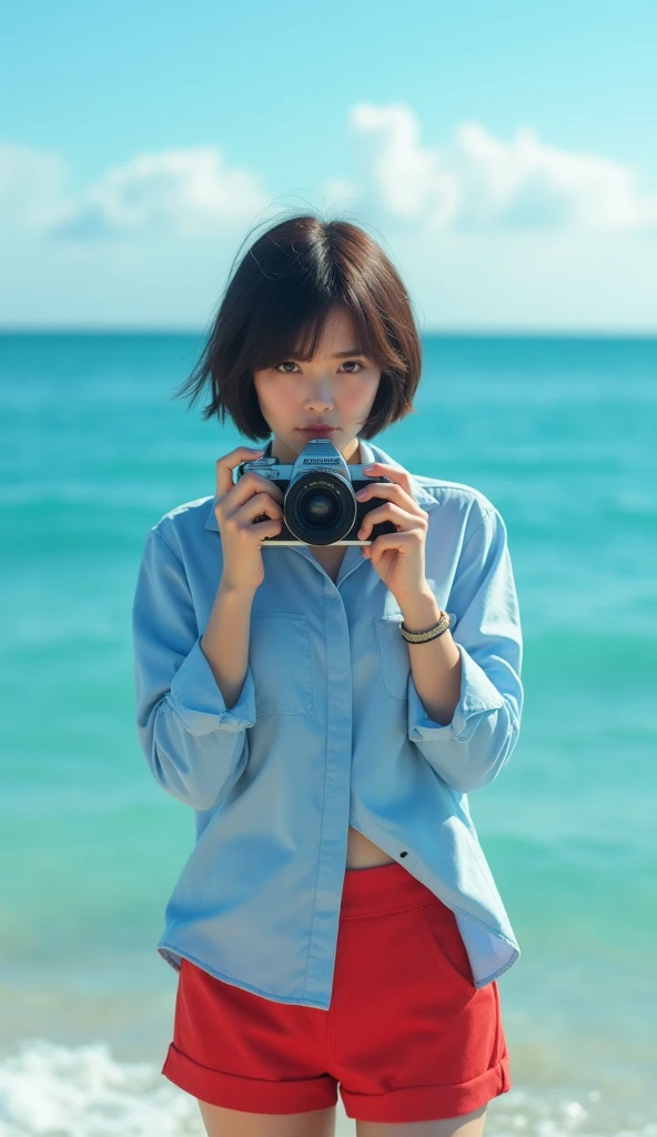 Understood. The following characteristics can be seen in this image: 1.
- A person is photographed against a sea background.
- The person is a young woman, holding a camera and taking a picture
- The woman is wearing a light blue shirt and red shorts.
- The background shows the ocean and the sky, indicating a sunny day.
- The woman's hair is in a very short cut style
- Woman's expression is serious and focused, seemingly engrossed in the photo shoot