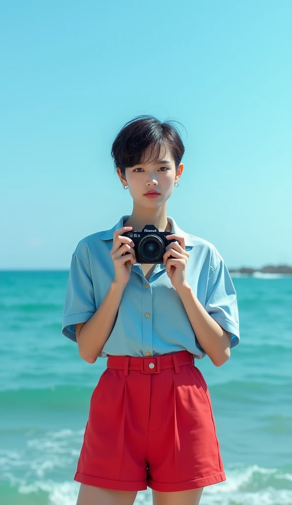 Understood. The following characteristics can be seen in this image: 1.

 - A person is photographed against a sea background.
 - The person is a young woman, holding a camera and taking a picture
 - The woman is wearing a light blue shirt and red shorts.
 - The background shows the ocean and the sky, indicating a sunny day.
 - The woman's hair is in a very short cut style
 - Woman's expression is serious and focused, seemingly engrossed in the photo shoot
