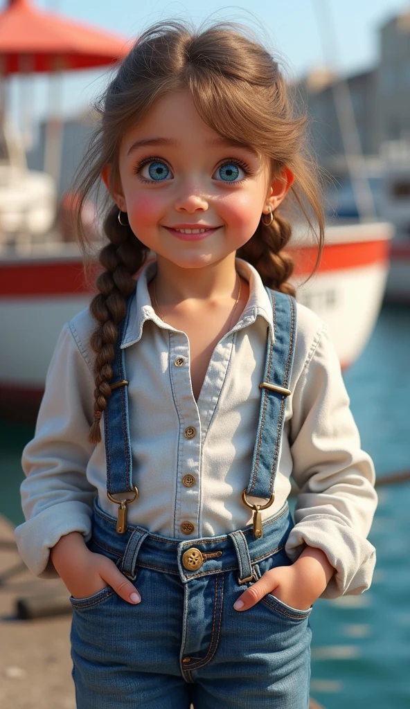 photorealistic image of french girl with bleu eyes of 4 years standing next to port and boats behind and looking to camera with smile with full body and hands in jean pants, no animation, no 3D
