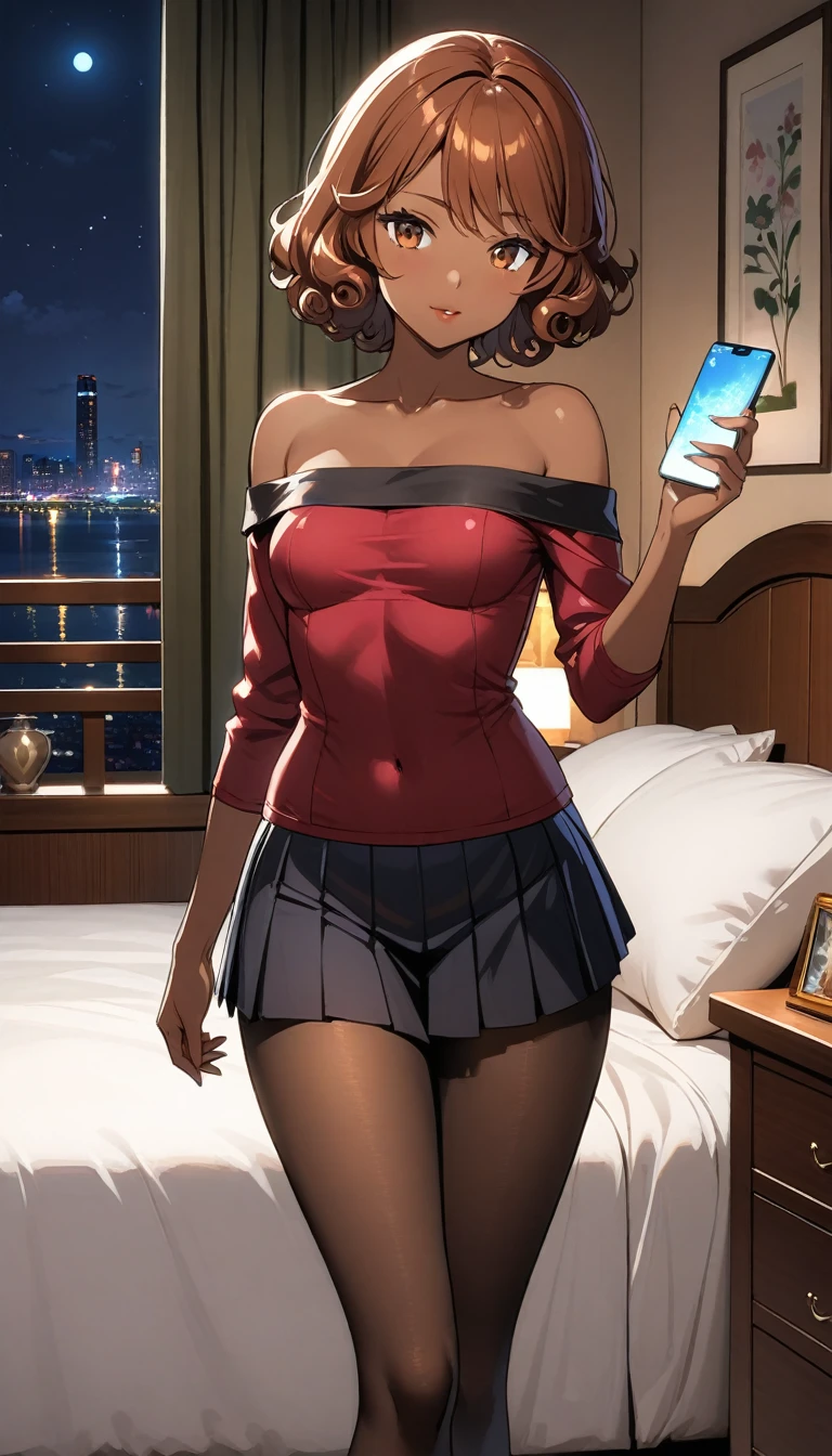 Beautiful 47y old woman with short curly dark brown orange hair with brown eyes wearing ((Tight Black Cirre Pleated Skirt)), ((Sexy Off-Shoulder Mid Sleeves Dark Red Blouse)), ((Black Pantyhose)), standing in her bedroom at night, holding her cellphone, (dark-tanned skin), (light brown lipstick), (elegant mascara), (slim body), (small breasts), (wide hips), midjourney, <lora:GoodHands-, <lora:GoodLegs-, UHD, high resolution, (masterpiece:1.9, best quality), (expressive eyes, perfect face, full body, expressive face, perfect body, perfect pussy, athletic, fit, slim body, blushing, Perfect makeup, eyeliner, beautiful eyelashes, smiling, horny face), ((best illumination, best shadows)), ((sexy pose)), score_9_up, score_8_up, score_7_up