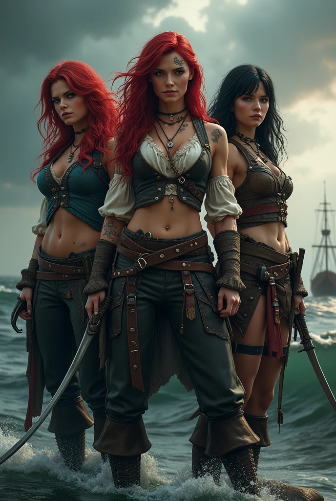 Three female pirates, two with red hair and one with black hair 