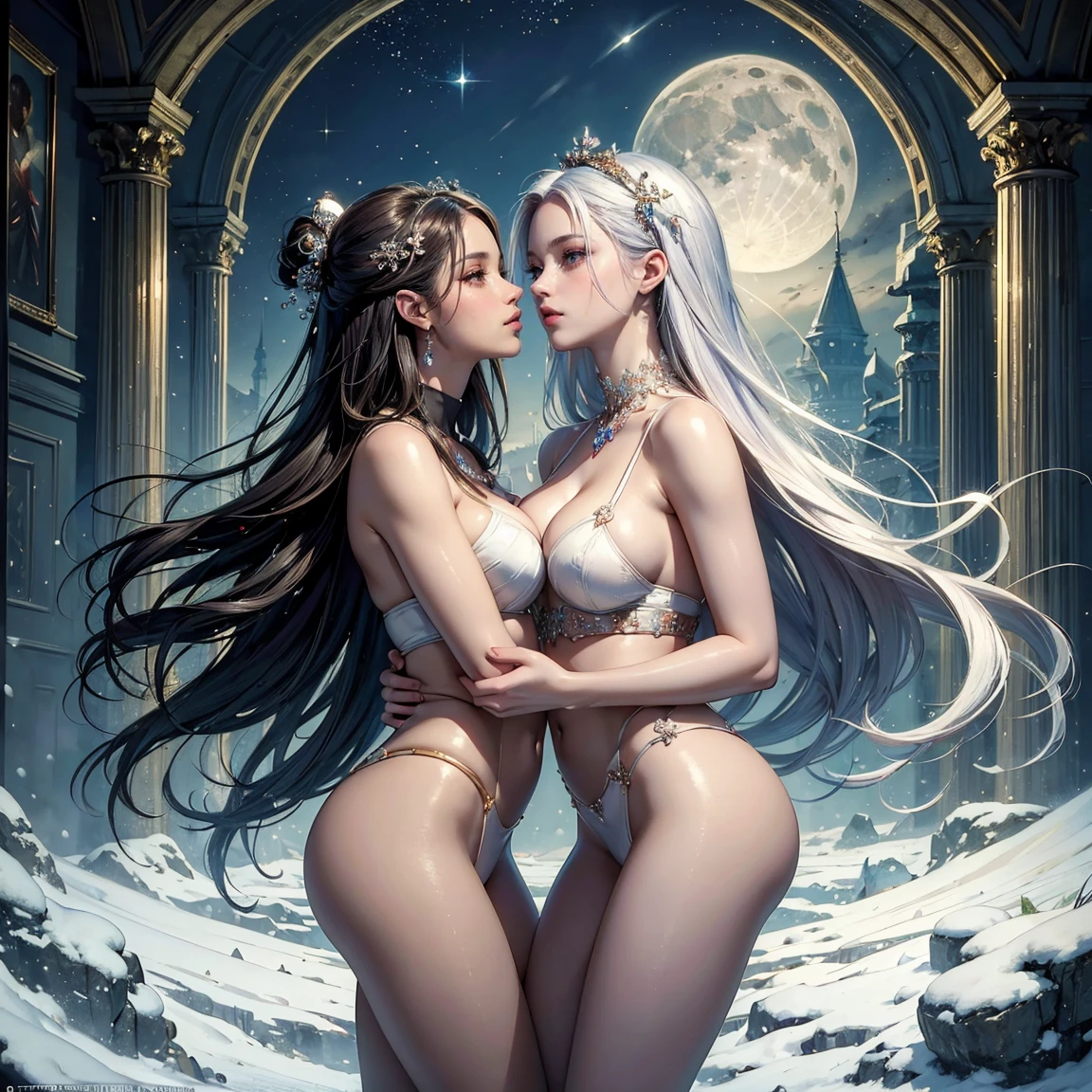 (masterpiece, highest quality, official art, beauty and aesthetic:1.5), (perfect anatomy), two gorgeous and stunning dark-skinned or pale-skinned young girls are deeply in love with each other, kiss, perfect make-up, romantic atmosphere, snow and moon, meteoric shower, magnificent panorama view