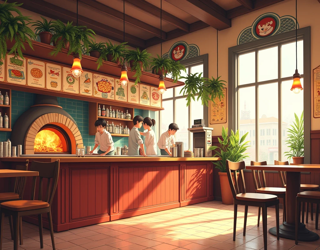 Pizzeria scenario, only the establishment, no customers, anime styling